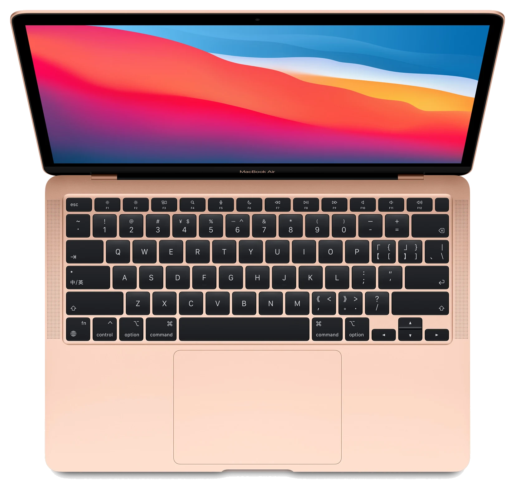 Золотой MacBook Air M1 2020 с открытым экраном и обоями Big Sur